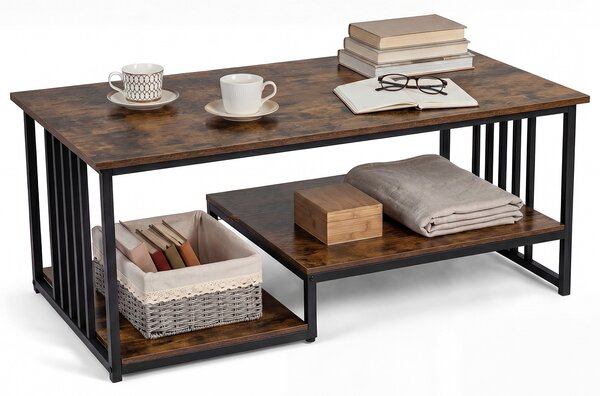 Costway Tavolino da caffè rettangolare con 2 ripiani portaoggetti e struttura metallica resistente, Tavolo moderno per soggiorno e lounge 110x60x45 cm Marrone rustico