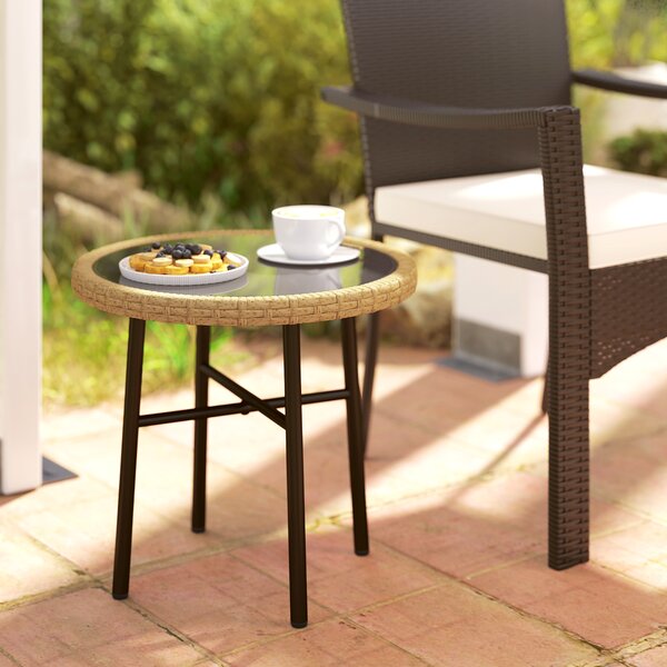 Outsunny Tavolino Rotondo da Giardino, Tavolino d'Appoggio Esterno in Resina Intrecciata con Piano in Vetro Temperato, 46x46x43 cm, Naturale | Aosom Italy