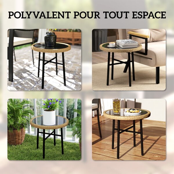 Outsunny Tavolino Rotondo da Giardino, Tavolino d'Appoggio Esterno in Resina Intrecciata con Piano in Vetro Temperato, 46x46x43 cm, Naturale | Aosom Italy