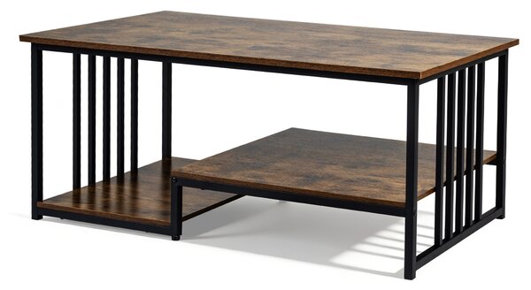 Costway Tavolino da caffè rettangolare con 2 ripiani portaoggetti e struttura metallica resistente, Tavolo moderno per soggiorno e lounge 110x60x45 cm Marrone rustico