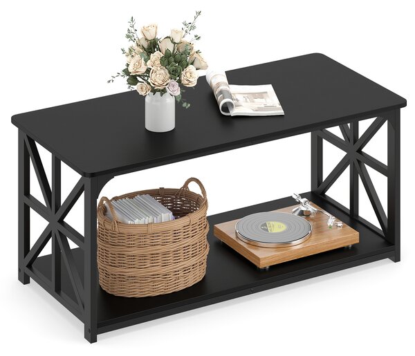 Costway Tavolino da caffè stile industriale rustico a 2 livelli con mensola aperta, Tavolo centrale rettangolare con struttura metallica resistente 109x50x48 cm Nero