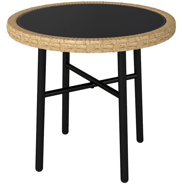 Outsunny Tavolino Rotondo da Giardino, Tavolino d'Appoggio Esterno in Resina Intrecciata con Piano in Vetro Temperato, 46x46x43 cm, Naturale | Aosom Italy