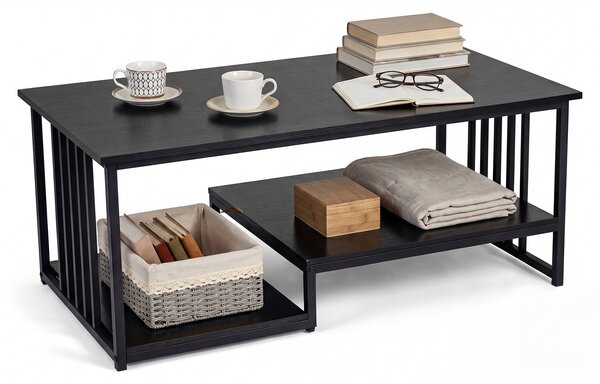Costway Tavolino da caffè rettangolare con 2 ripiani portaoggetti e struttura metallica resistente, Tavolo moderno per soggiorno e lounge 110x60x45 cm Nero