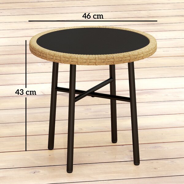Outsunny Tavolino Rotondo da Giardino, Tavolino d'Appoggio Esterno in Resina Intrecciata con Piano in Vetro Temperato, 46x46x43 cm, Naturale | Aosom Italy