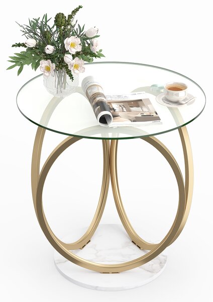 Costway Tavolino da caffè rotondo in vetro con struttura geometrica ad anello, Tavolo moderno in metallo dorato per soggiorno e ufficio a casa