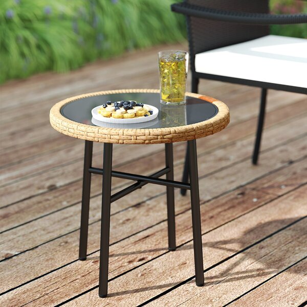 Outsunny Tavolino Rotondo da Giardino, Tavolino d'Appoggio Esterno in Resina Intrecciata con Piano in Vetro Temperato, 46x46x43 cm, Naturale | Aosom Italy