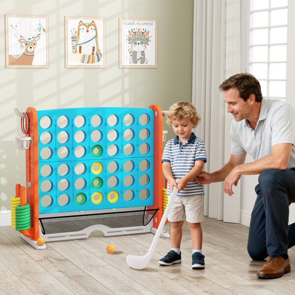 Costway Set di gioco 4 in fila jumbo con lancio anelli e canestro basket, Gioco regolabile in altezza con golf porta bicchieri e borsa trasporto per feste Blu