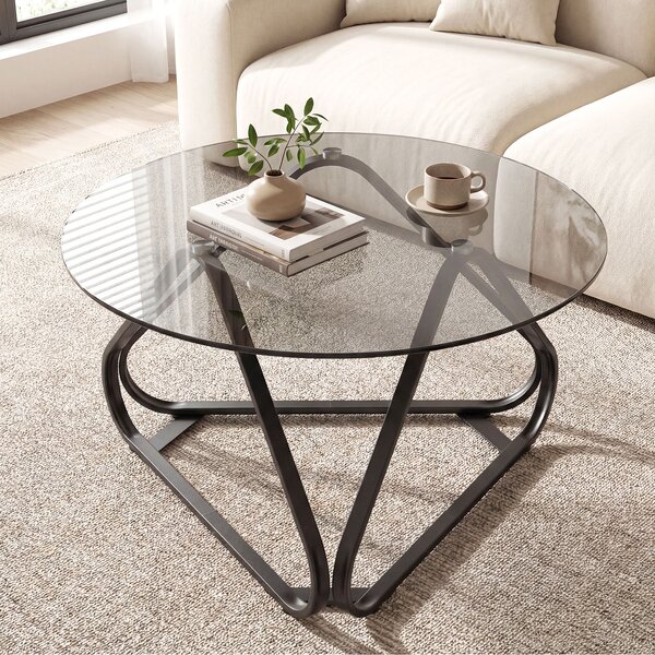Costway Tavolino salotto rotondo con piano in vetro temperato, Tavolo moderno con struttura metallica e piedini regolabili 80 cm Nero