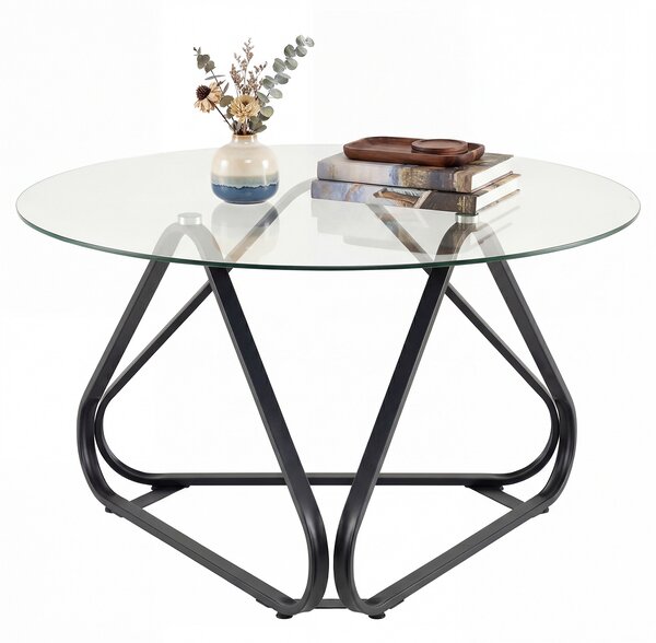 Costway Tavolino salotto rotondo con piano in vetro temperato, Tavolo moderno con struttura metallica e piedini regolabili 80 cm Nero