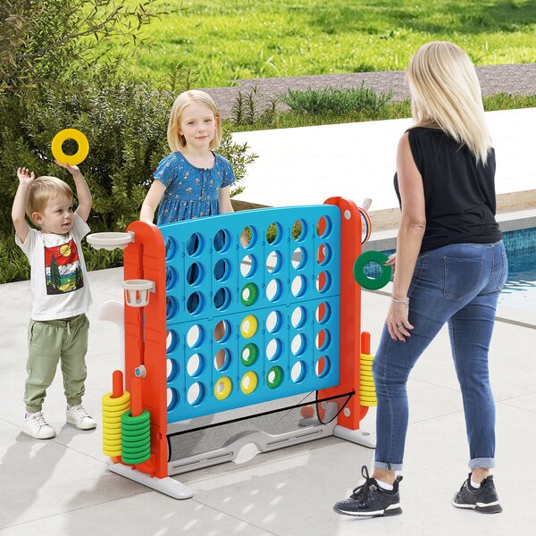 Costway Set di gioco 4 in fila jumbo con lancio anelli e canestro basket, Gioco regolabile in altezza con golf porta bicchieri e borsa trasporto per feste Blu