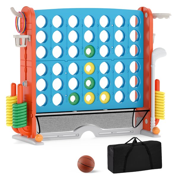 Costway Set di gioco 4 in fila jumbo con lancio anelli e canestro basket, Gioco regolabile in altezza con golf porta bicchieri e borsa trasporto per feste Blu