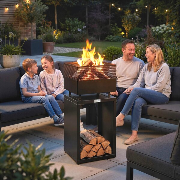 Outsunny Braciere 39 x 39 x 87 cm Focolare con deposito legna, griglia per carbone, piedi regolabili, Nero | Aosom Italy