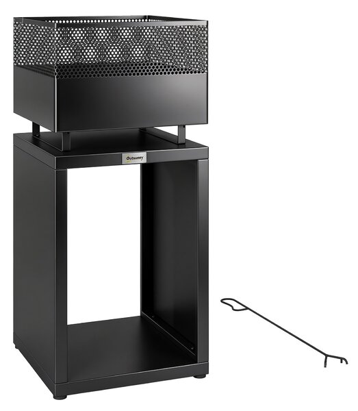 Outsunny Braciere 39 x 39 x 87 cm Focolare con deposito legna, griglia per carbone, piedi regolabili, Nero | Aosom Italy