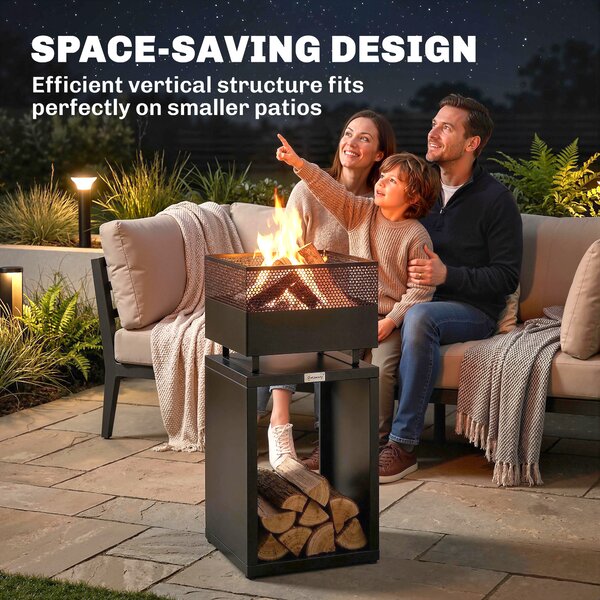 Outsunny Braciere 39 x 39 x 87 cm Focolare con deposito legna, griglia per carbone, piedi regolabili, Nero | Aosom Italy