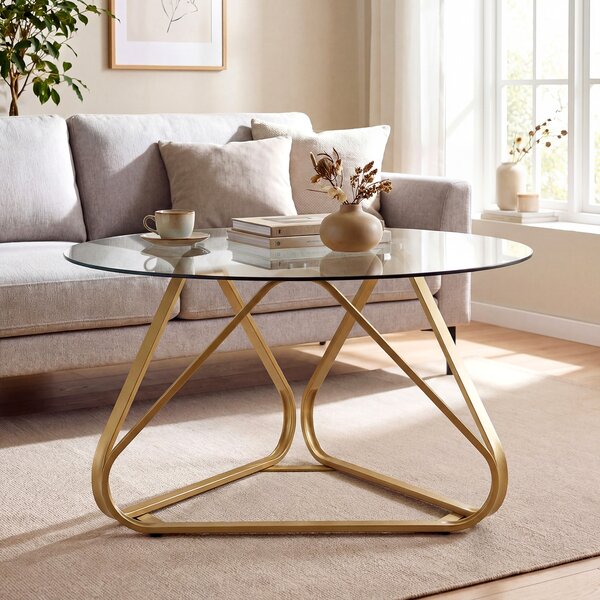 Costway Tavolino salotto rotondo con piano in vetro temperato, Tavolo moderno con struttura metallica e piedini regolabili 80 cm Oro