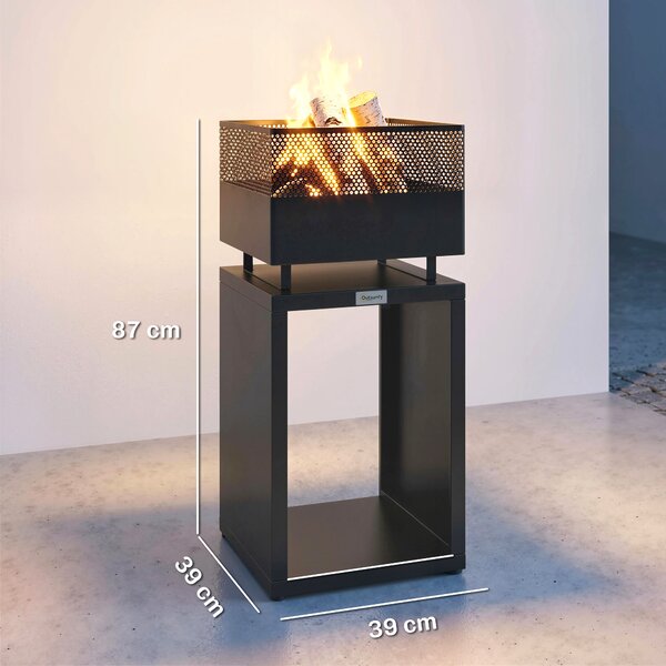 Outsunny Braciere 39 x 39 x 87 cm Focolare con deposito legna, griglia per carbone, piedi regolabili, Nero | Aosom Italy