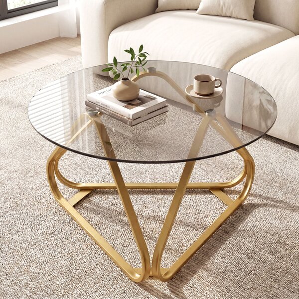Costway Tavolino salotto rotondo con piano in vetro temperato, Tavolo moderno con struttura metallica e piedini regolabili 80 cm Oro