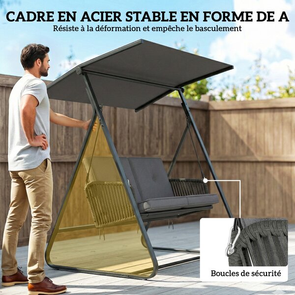 Outsunny Dondolo da giardino 2 posti in resina intrecciata, altalena da esterno con tetto regolabile e cuscino spesso, grigio | Aosom Italy