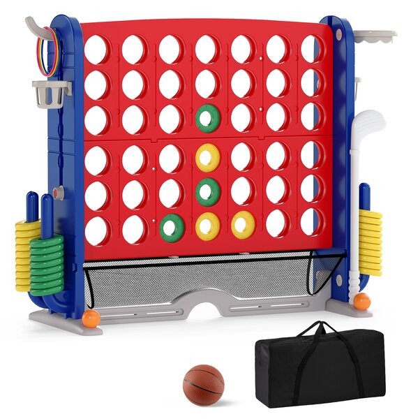Costway Set di gioco 4 in fila jumbo con lancio anelli e canestro basket, Gioco regolabile in altezza con golf porta bicchieri e borsa trasporto per feste Rosso