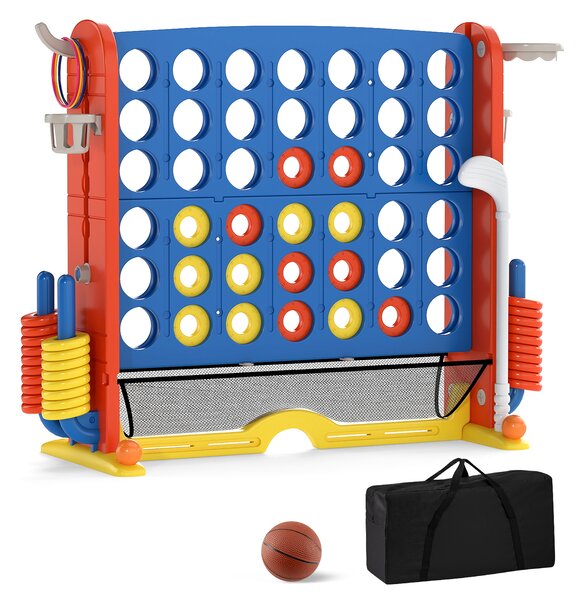 Costway Set di gioco 4 in fila jumbo con lancio anelli e canestro basket, Gioco regolabile in altezza con golf porta bicchieri e borsa trasporto per feste Arancione