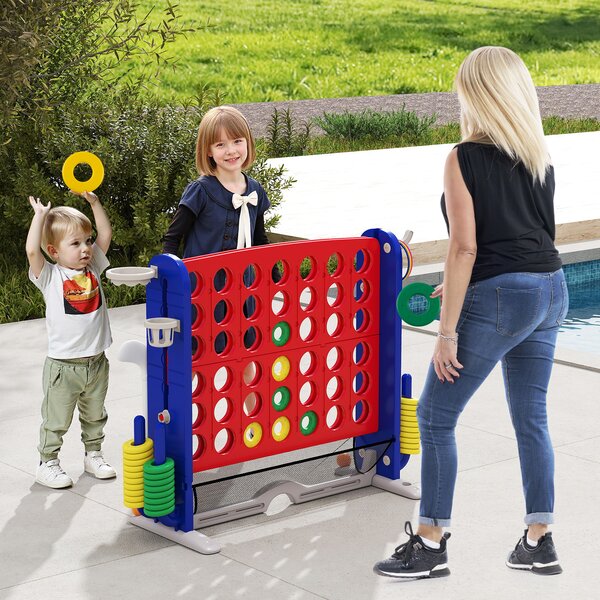Costway Set di gioco 4 in fila jumbo con lancio anelli e canestro basket, Gioco regolabile in altezza con golf porta bicchieri e borsa trasporto per feste Rosso