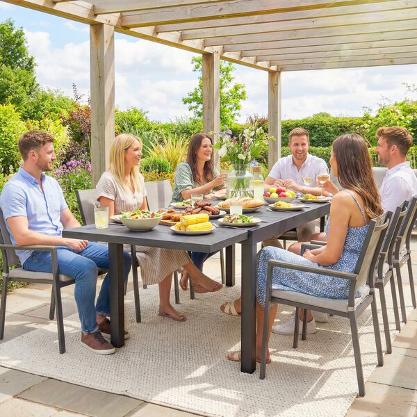 Outsunny Tavolo da Giardino Allungabile Piano in Alluminio Effetto Legno Gambe Regolabili 8-10 Persone 214x85x75cm Grigio Antracite | Aosom Italy