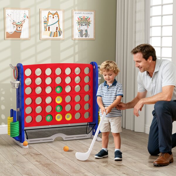 Costway Set di gioco 4 in fila jumbo con lancio anelli e canestro basket, Gioco regolabile in altezza con golf porta bicchieri e borsa trasporto per feste Rosso