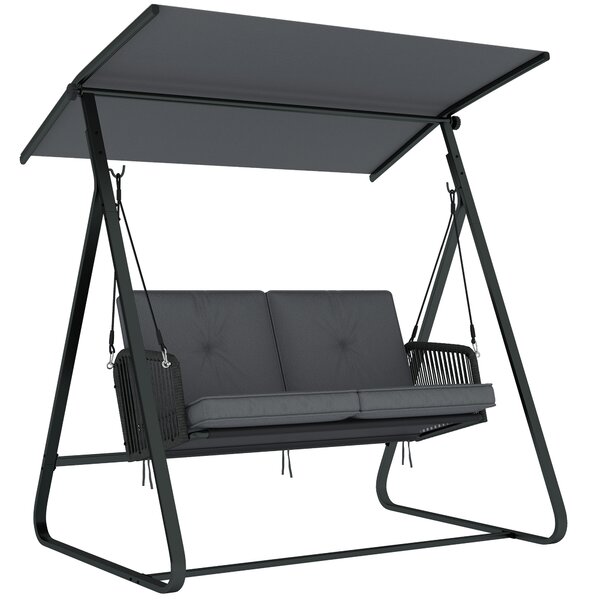 Outsunny Dondolo da giardino 2 posti in resina intrecciata, altalena da esterno con tetto regolabile e cuscino spesso, grigio | Aosom Italy