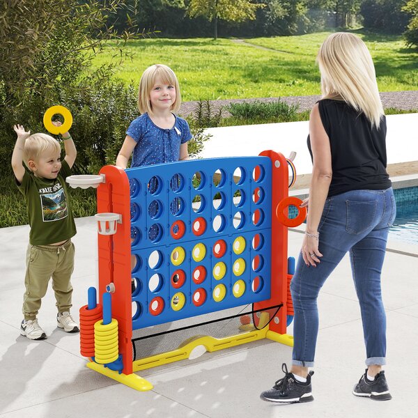 Costway Set di gioco 4 in fila jumbo con lancio anelli e canestro basket, Gioco regolabile in altezza con golf porta bicchieri e borsa trasporto per feste Arancione