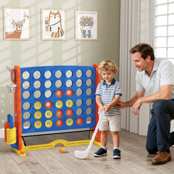 Costway Set di gioco 4 in fila jumbo con lancio anelli e canestro basket, Gioco regolabile in altezza con golf porta bicchieri e borsa trasporto per feste Arancione
