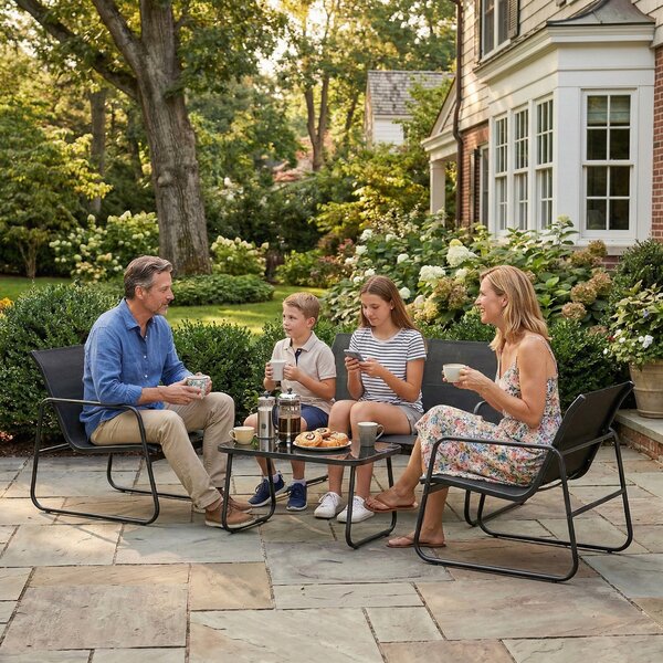 Outsunny Set Giardino Esterno 4 Pezzi con Divano 2 Posti 2 Poltrone Tavolo con Vetro Temperato Tessuto Textilene Grigio Scuro | Aosom Italy