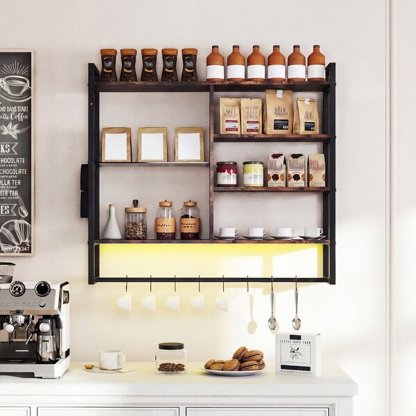Costway Mensole da parete a 6 livelli con luci LED controllo remoto e APP, Scaffale con 8 ganci S e tasca laterale per cucina salotto sala da pranzo 107 cm Nero