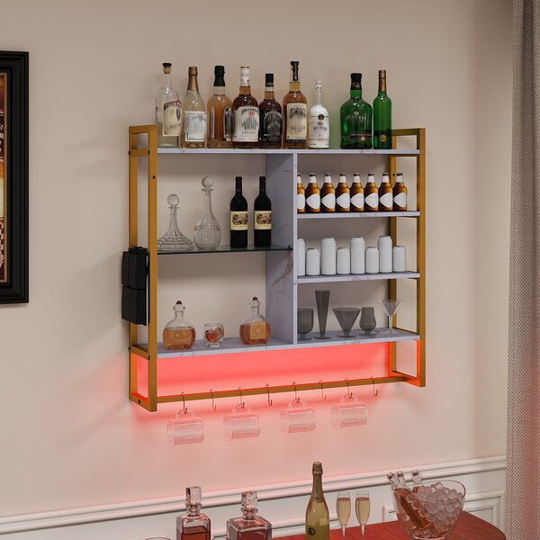 Costway Mensole da parete a 6 livelli con luci LED controllo remoto e APP, Scaffale con 8 ganci S e tasca laterale per cucina salotto sala da pranzo 107 cm Bianco