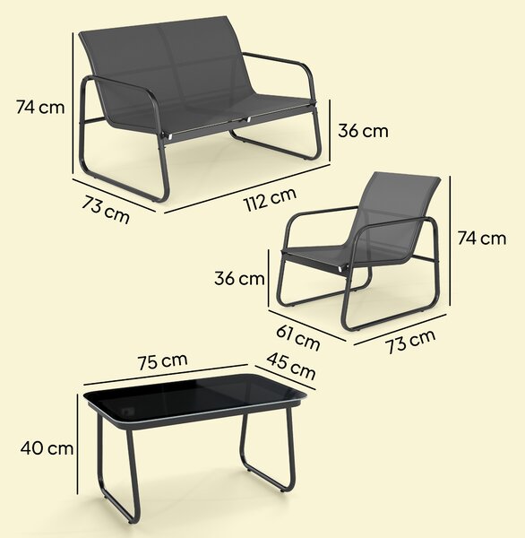 Outsunny Set Giardino Esterno 4 Pezzi con Divano 2 Posti 2 Poltrone Tavolo con Vetro Temperato Tessuto Textilene Grigio Scuro | Aosom Italy