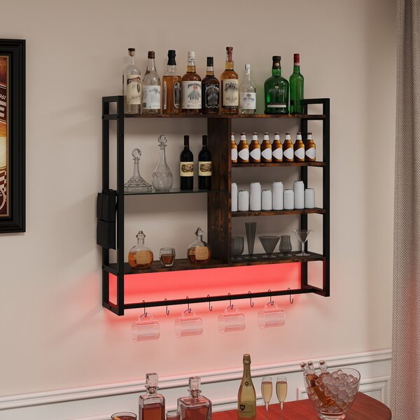 Costway Mensole da parete a 6 livelli con luci LED controllo remoto e APP, Scaffale con 8 ganci S e tasca laterale per cucina salotto sala da pranzo 107 cm Nero