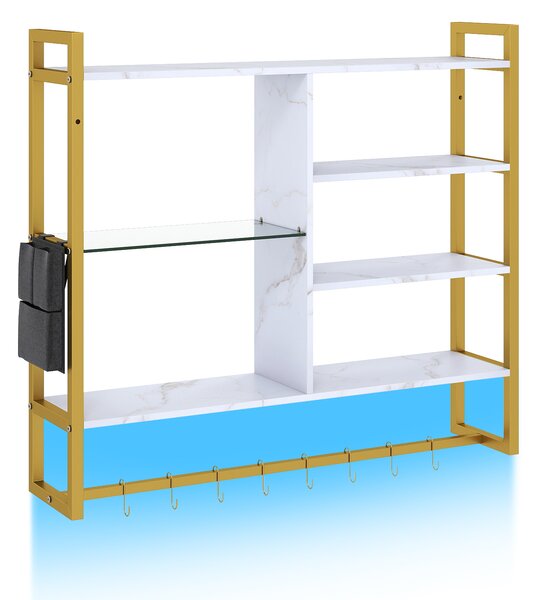 Costway Mensole da parete a 6 livelli con luci LED controllo remoto e APP, Scaffale con 8 ganci S e tasca laterale per cucina salotto sala da pranzo 107 cm Bianco