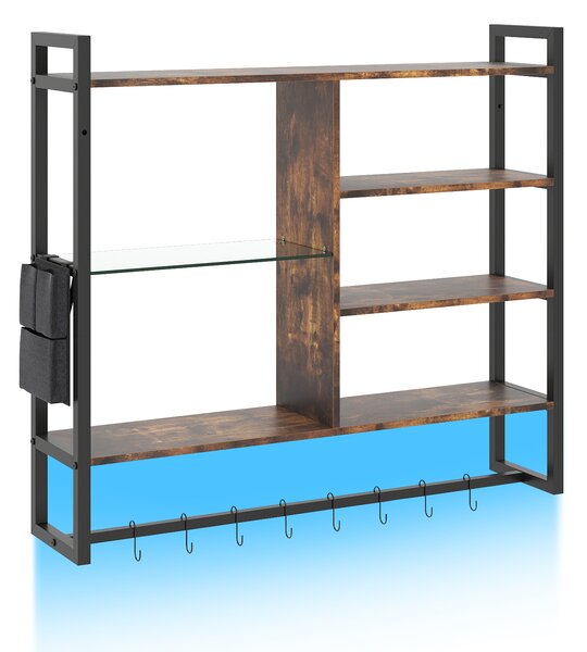 Costway Mensole da parete a 6 livelli con luci LED controllo remoto e APP, Scaffale con 8 ganci S e tasca laterale per cucina salotto sala da pranzo 107 cm Nero
