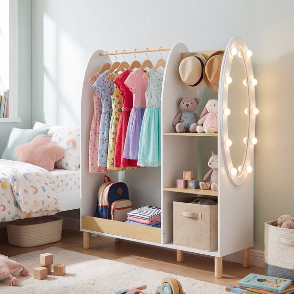 Costway Armadio per travestimenti bambini con specchio e luci, Guardaroba aperto con ripiani e ganci per cameretta 91x28x110 cm