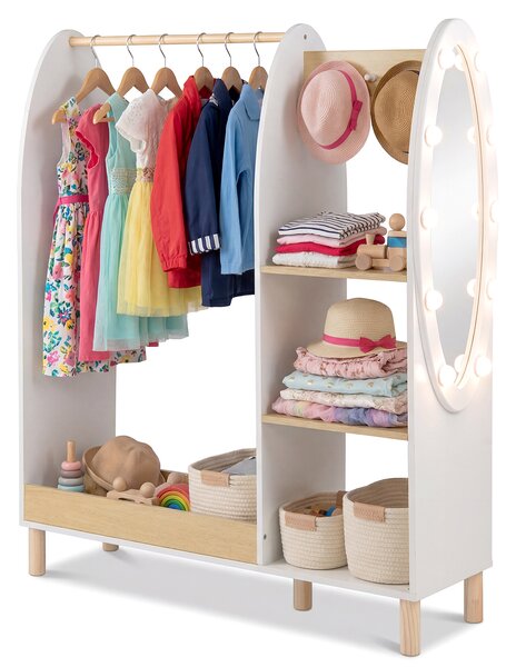 Costway Armadio per travestimenti bambini con specchio e luci, Guardaroba aperto con ripiani e ganci per cameretta 91x28x110 cm