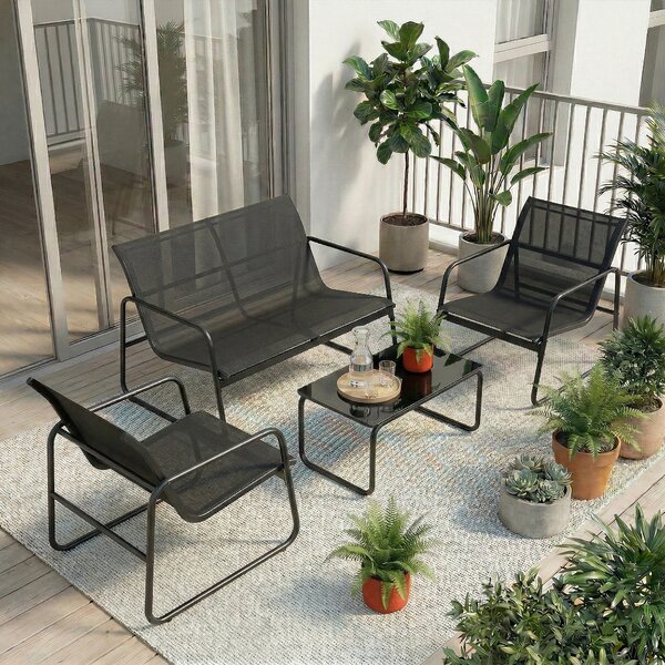 Outsunny Set Giardino Esterno 4 Pezzi con Divano 2 Posti 2 Poltrone Tavolo con Vetro Temperato Tessuto Textilene Grigio Scuro | Aosom Italy