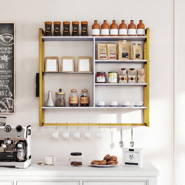 Costway Mensole moderne da parete a 6 livelli con 8 ganci S e tasca laterale, Espositori per bar cucina salotto bagno sala giochi 107 cm Bianco