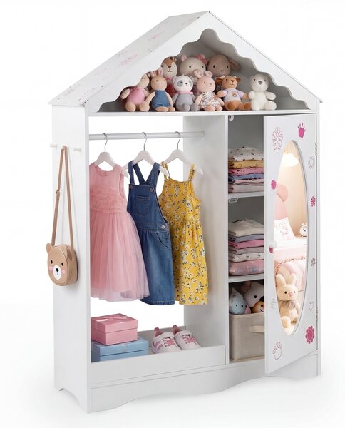 Costway Armadio specchio per bambini con guardaroba e ganci, Organizzatore costumi per cameretta e stanza giochi Bianco