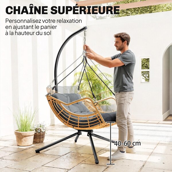 Outsunny Poltrona sospesa in resina intrecciata con supporto, sedia sospesa, cuscino, aggancio di sicurezza, altezza regolabile, grigio | Aosom Italy