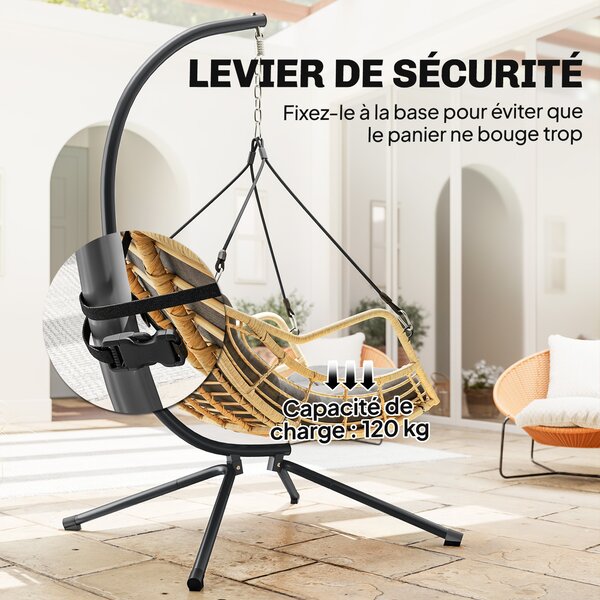Outsunny Poltrona sospesa in resina intrecciata con supporto, sedia sospesa, cuscino, aggancio di sicurezza, altezza regolabile, grigio | Aosom Italy