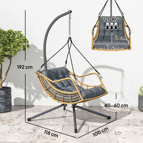 Outsunny Poltrona sospesa in resina intrecciata con supporto, sedia sospesa, cuscino, aggancio di sicurezza, altezza regolabile, grigio | Aosom Italy