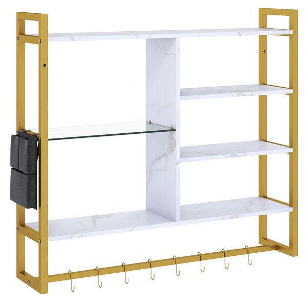 Costway Mensole moderne da parete a 6 livelli con 8 ganci S e tasca laterale, Espositori per bar cucina salotto bagno sala giochi 107 cm Bianco