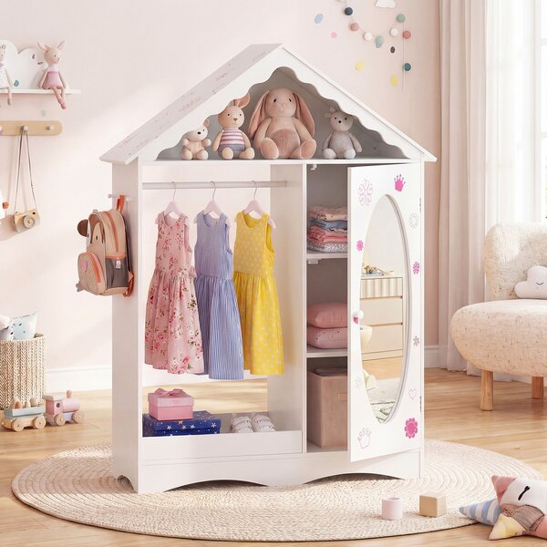 Costway Armadio specchio per bambini con guardaroba e ganci, Organizzatore costumi per cameretta e stanza giochi Bianco