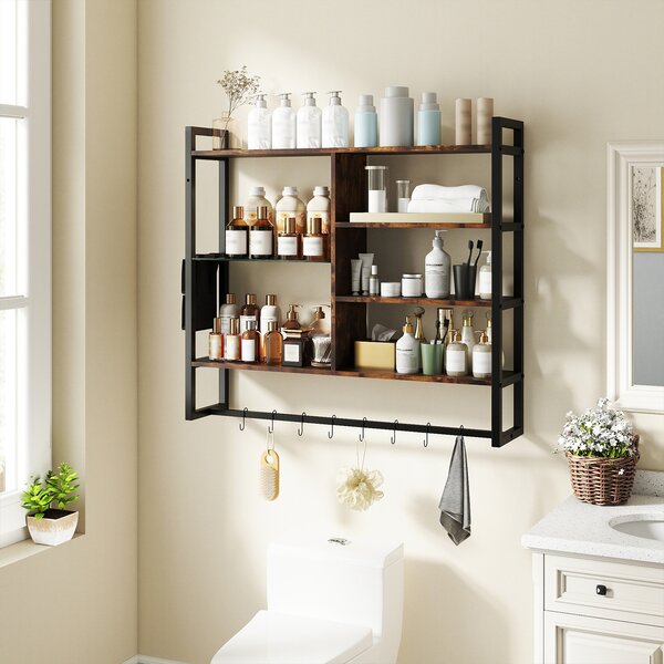 Costway Mensole moderne da parete a 6 livelli con 8 ganci S e tasca laterale, Espositori per bar cucina salotto bagno sala giochi 107 cm Nero