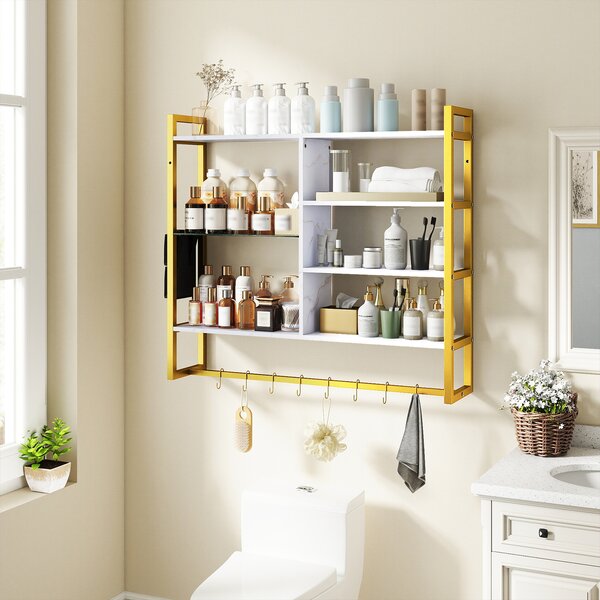 Costway Mensole moderne da parete a 6 livelli con 8 ganci S e tasca laterale, Espositori per bar cucina salotto bagno sala giochi 107 cm Bianco