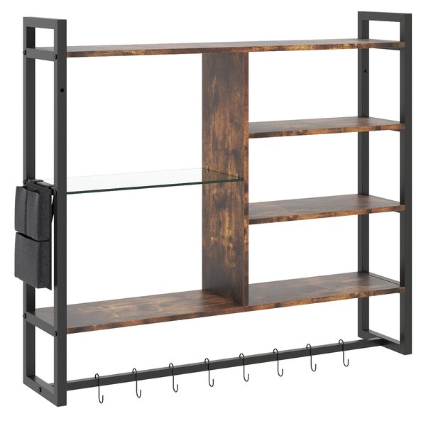 Costway Mensole moderne da parete a 6 livelli con 8 ganci S e tasca laterale, Espositori per bar cucina salotto bagno sala giochi 107 cm Nero